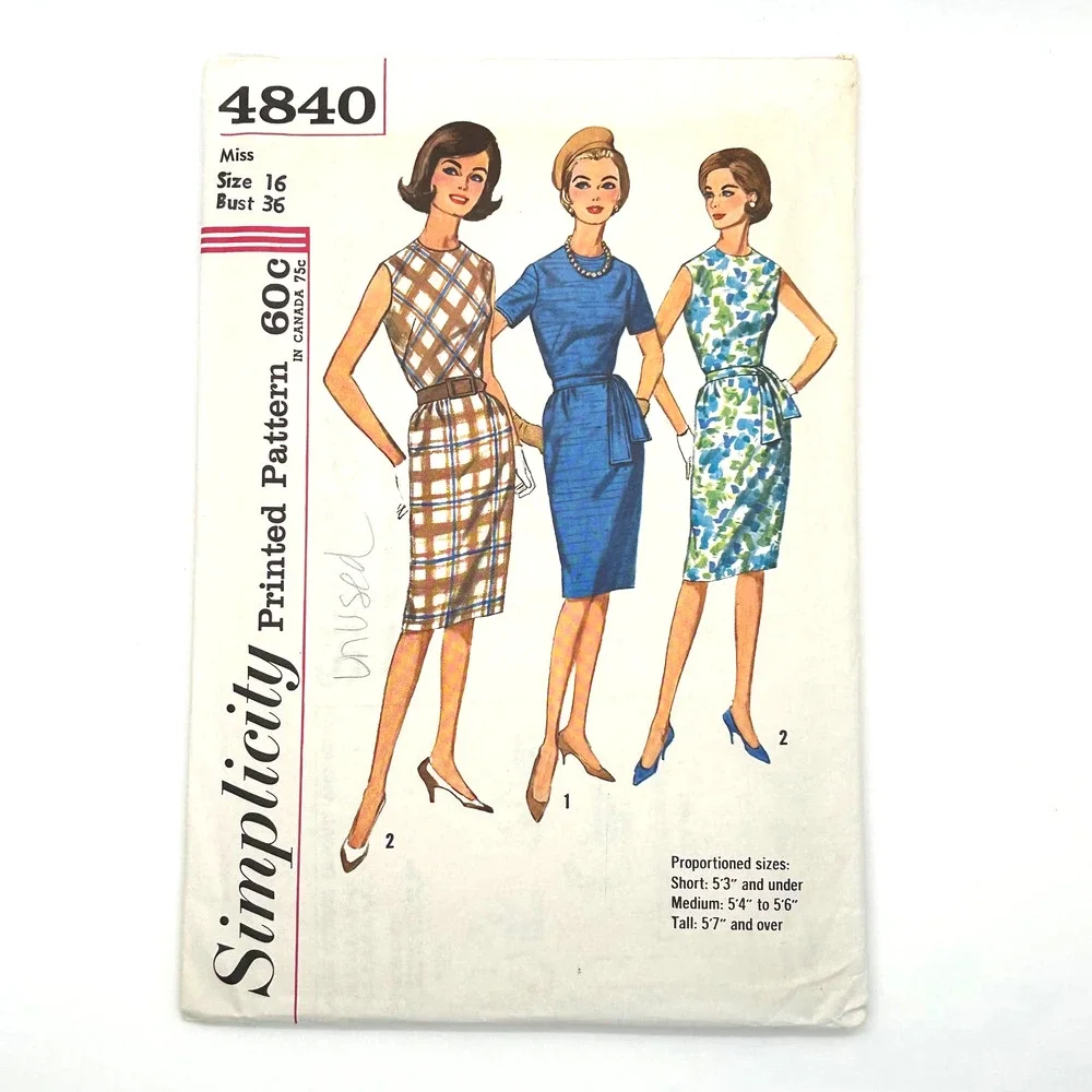 Simplicity‎ Vintage 1960's Pattern #4840 Misses One Piece Dress Size 16